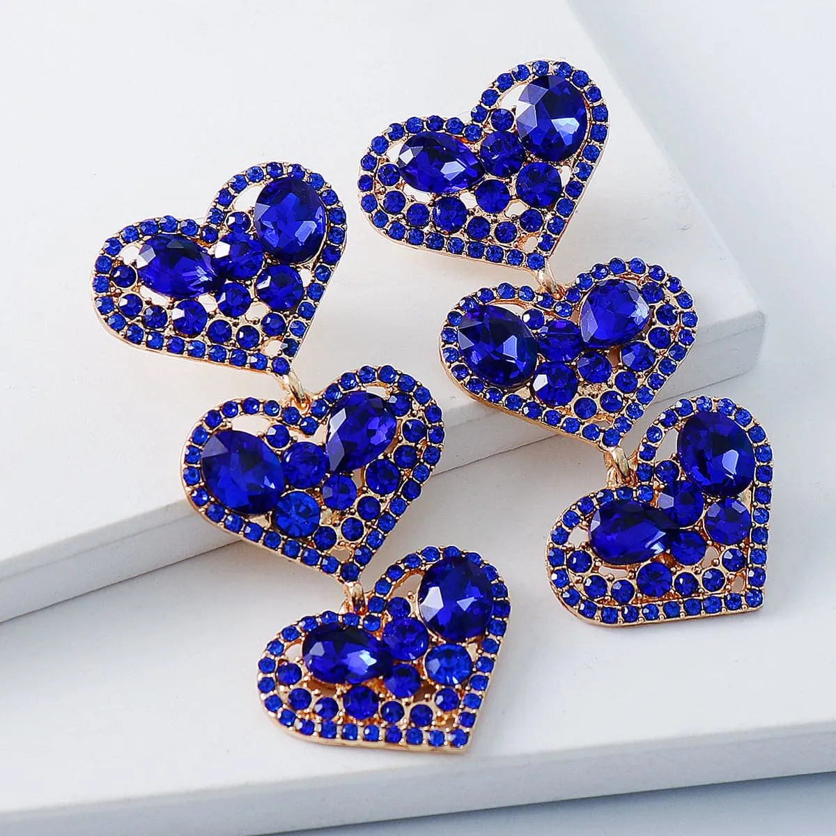 Blue Crystal & Cubic Zirconia 18K Gold-Plated Linked Heart Dangle Earring