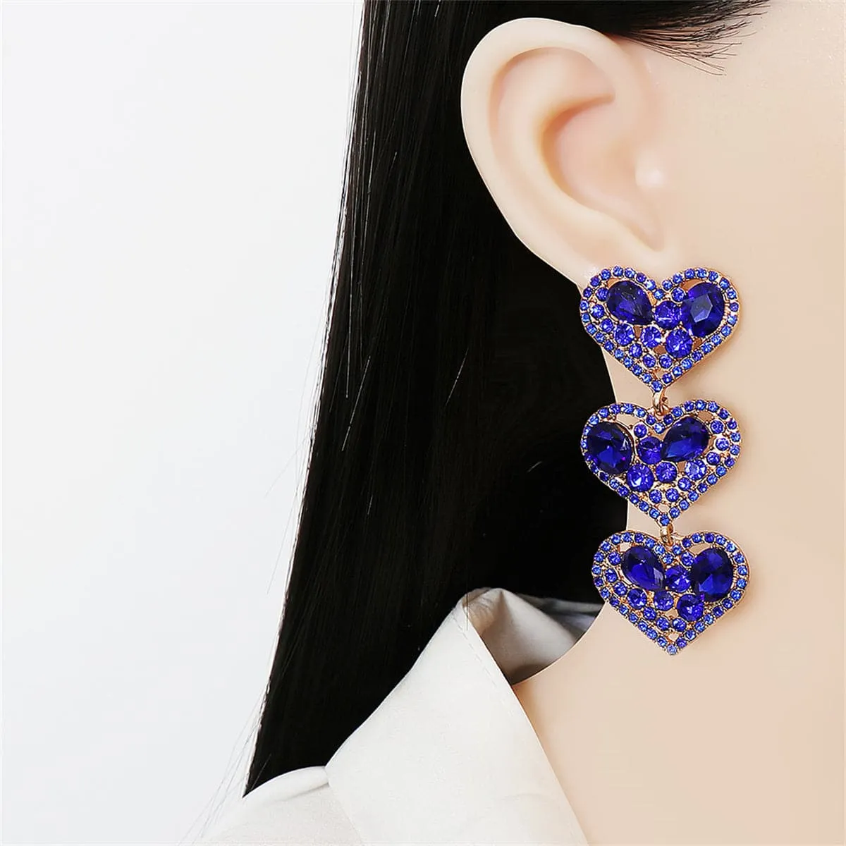 Blue Crystal & Cubic Zirconia 18K Gold-Plated Linked Heart Dangle Earring