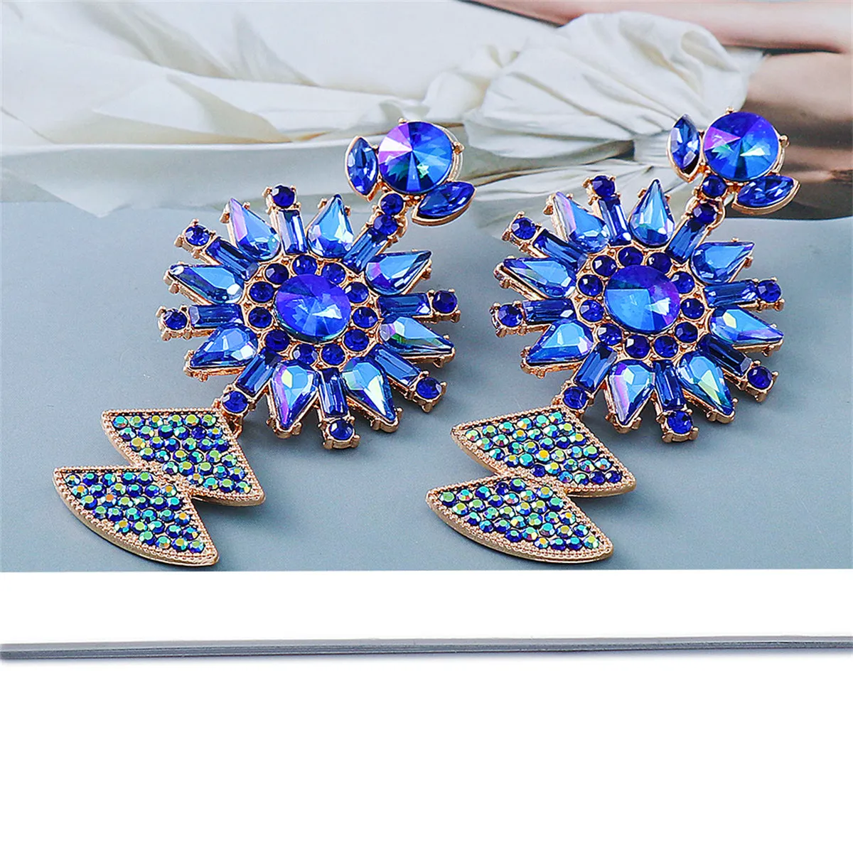 Blue Crystal & Cubic Zirconia 18K Gold-Plated Sunflower Drop Earrings