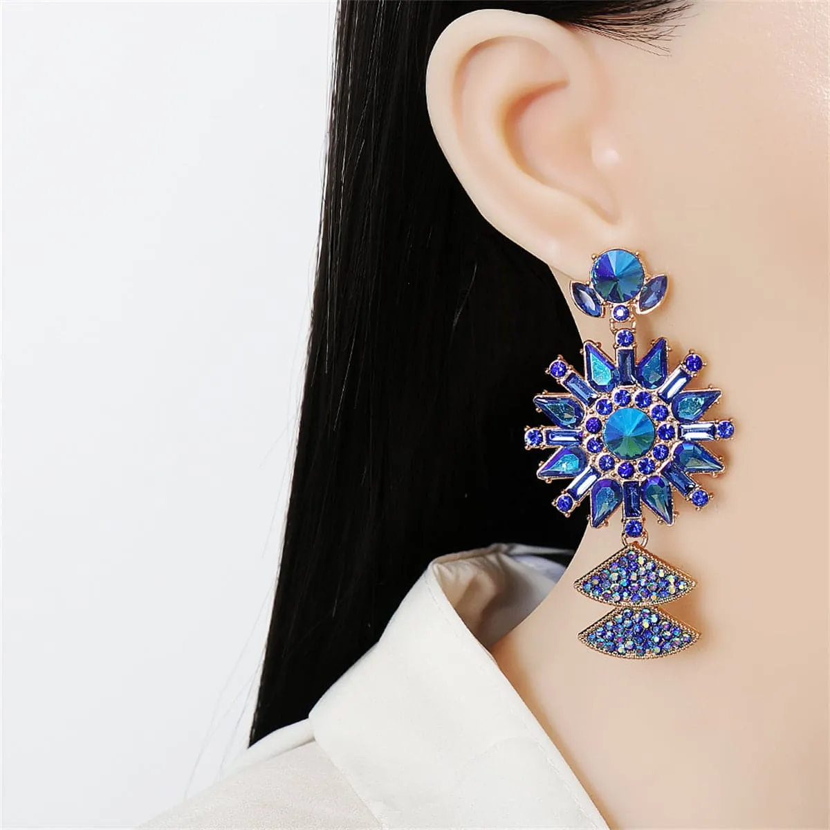 Blue Crystal & Cubic Zirconia 18K Gold-Plated Sunflower Drop Earrings