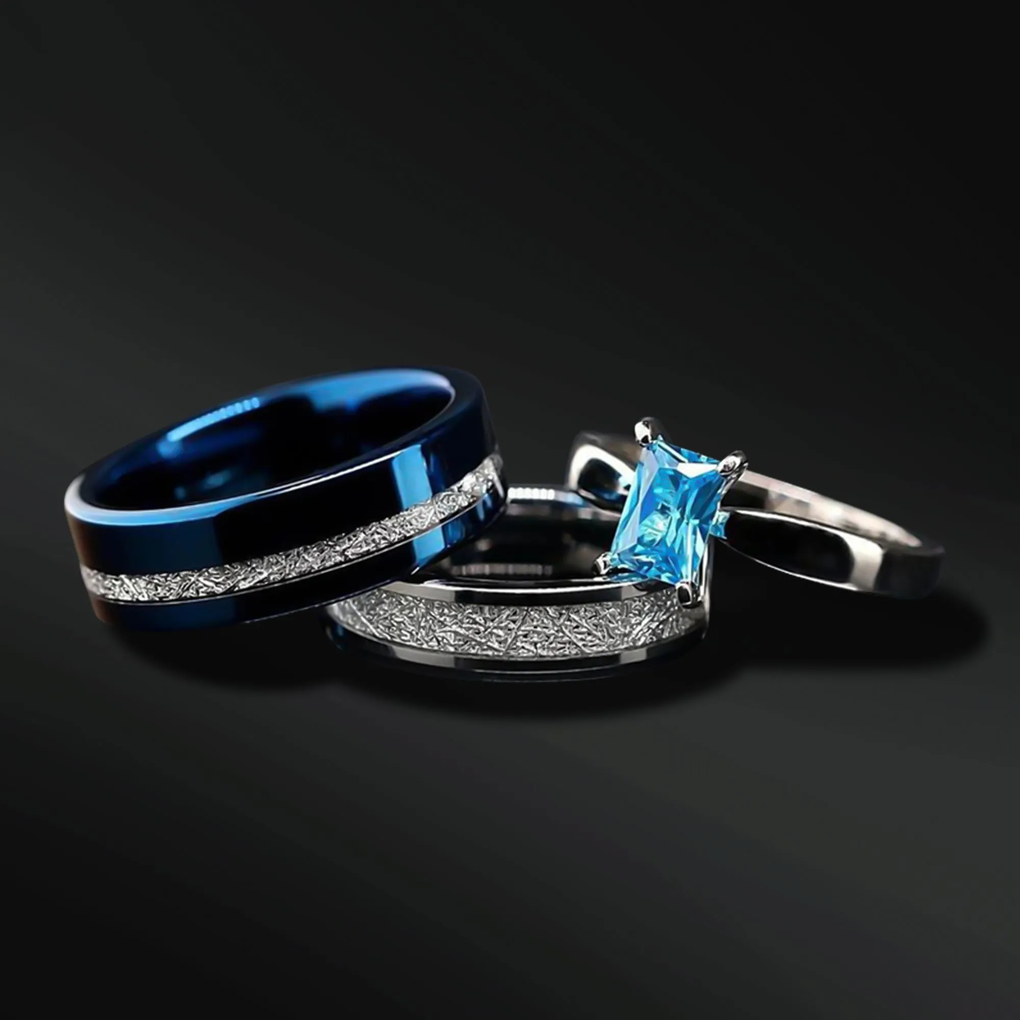 Blue Meteorite Engagement Wedding Rings Set | Sterling Silver Solitaire & Tungsten Bands