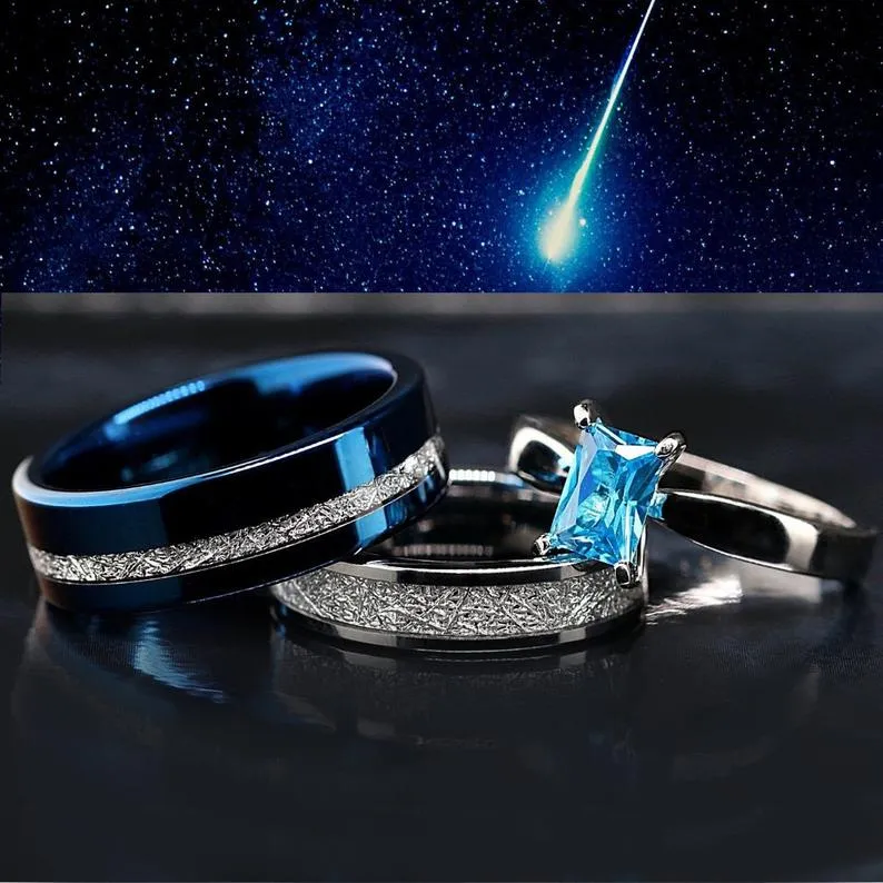 Blue Meteorite Engagement Wedding Rings Set | Sterling Silver Solitaire & Tungsten Bands