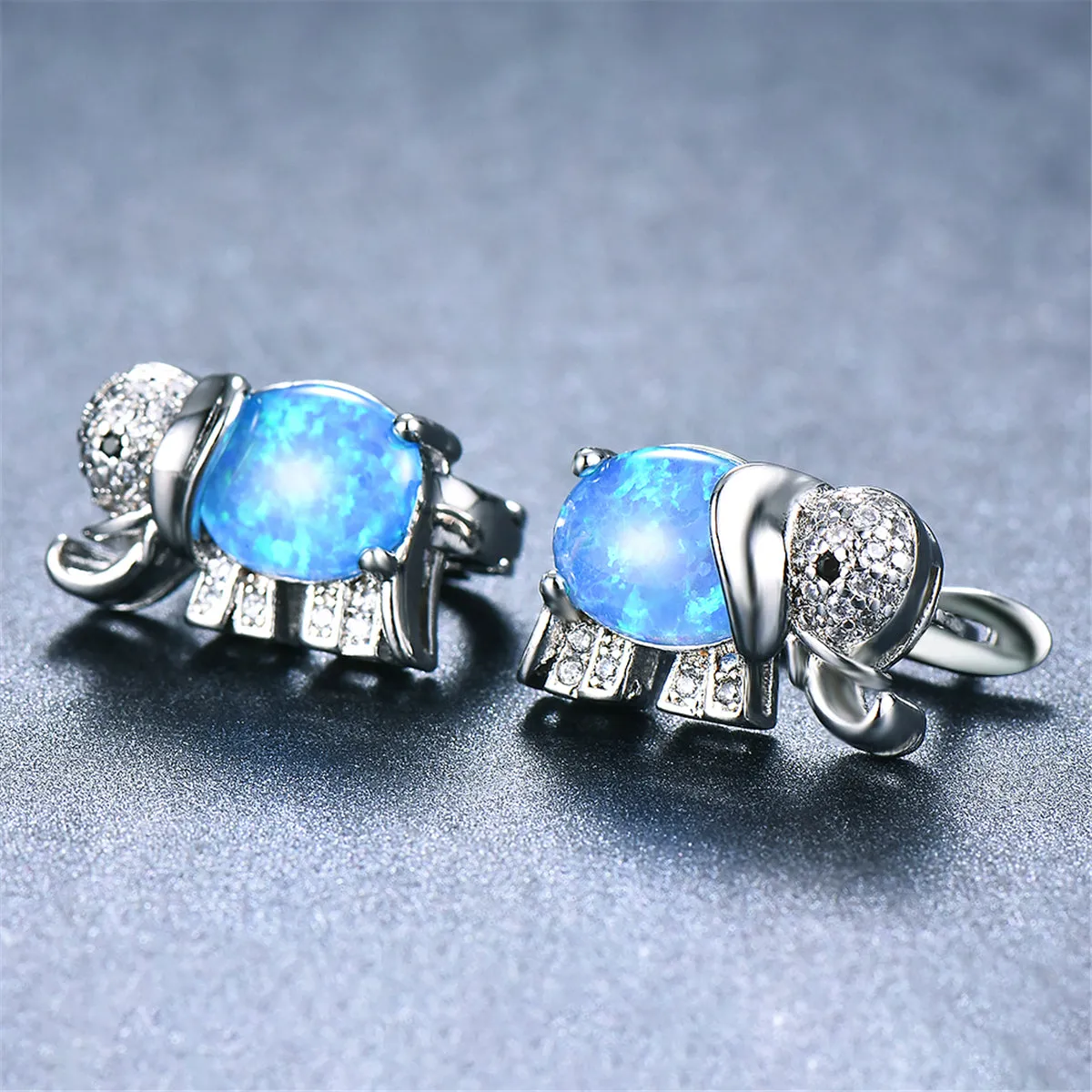 Blue Opal & Cubic Zirconia Elephant Stud Earrings