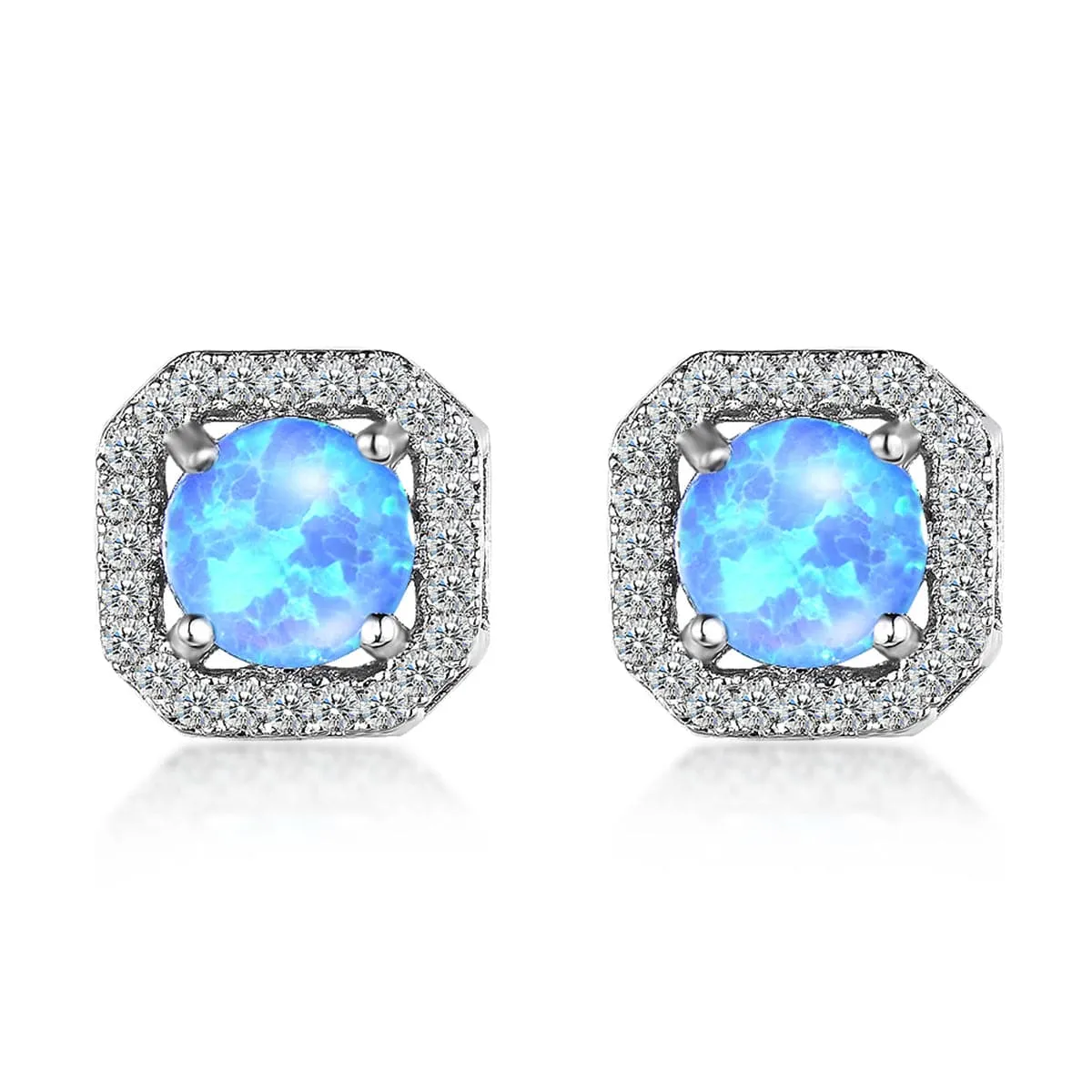 Blue Opal & Cubic Zirconia Round Cushion Stud Earrings