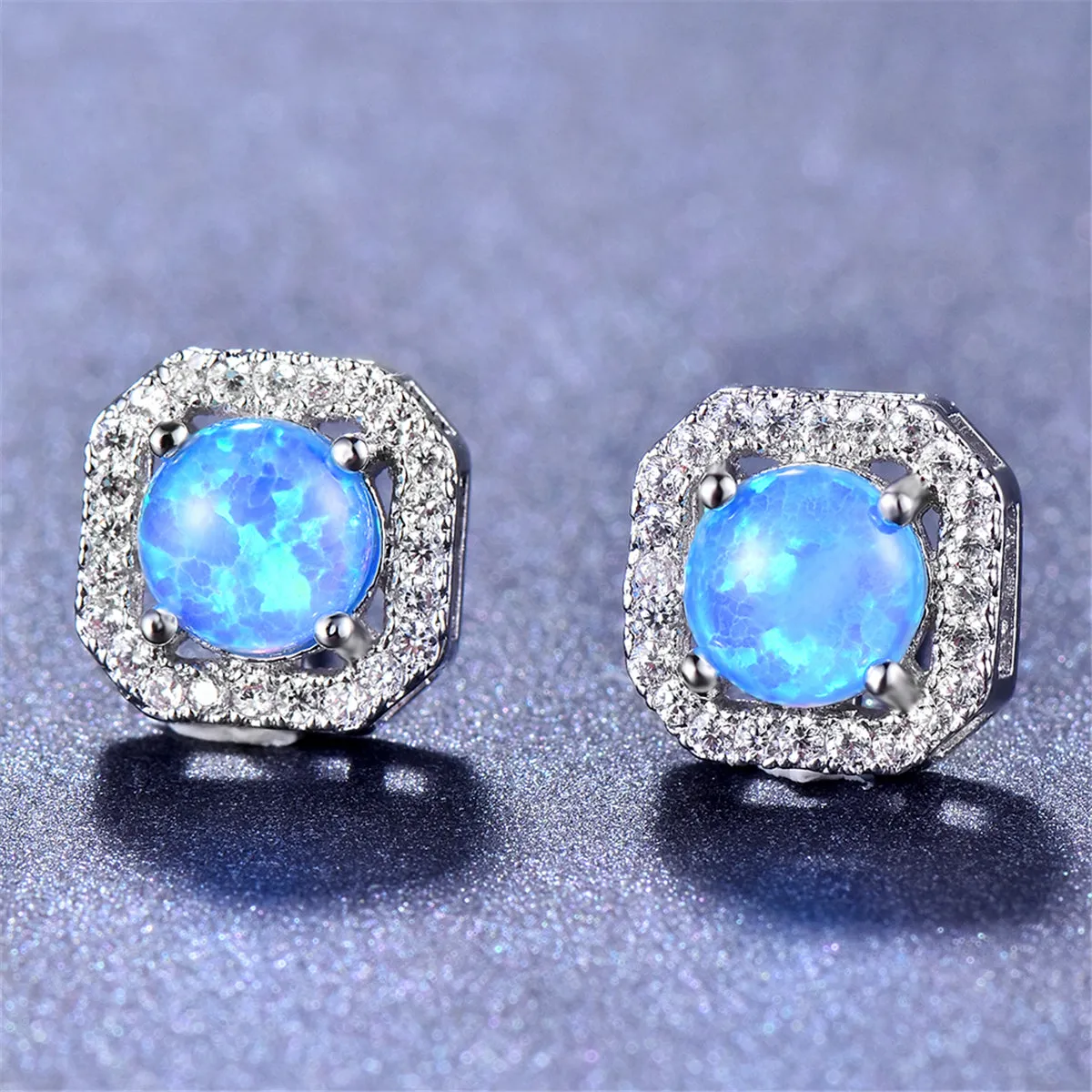 Blue Opal & Cubic Zirconia Round Cushion Stud Earrings