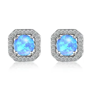 Blue Opal & Cubic Zirconia Round Cushion Stud Earrings