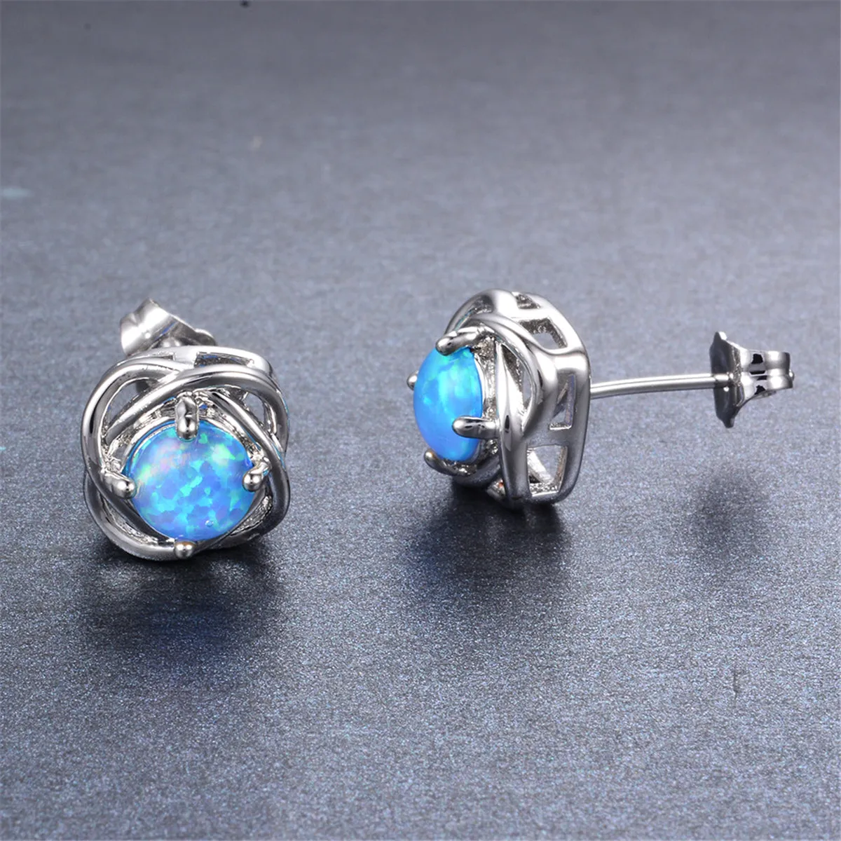 Blue Opal & Silver-Plated Round Wrapped Stud Earrings