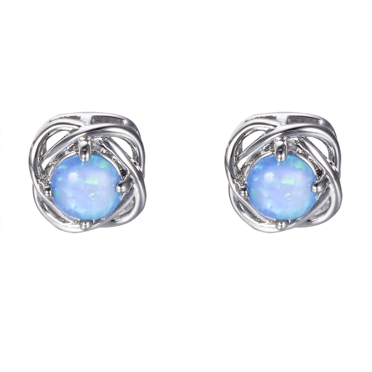 Blue Opal & Silver-Plated Round Wrapped Stud Earrings