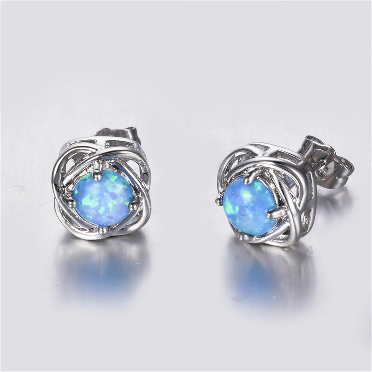 Blue Opal & Silver-Plated Round Wrapped Stud Earrings