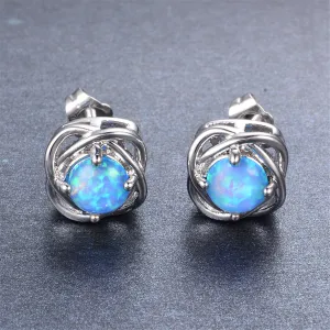 Blue Opal & Silver-Plated Round Wrapped Stud Earrings