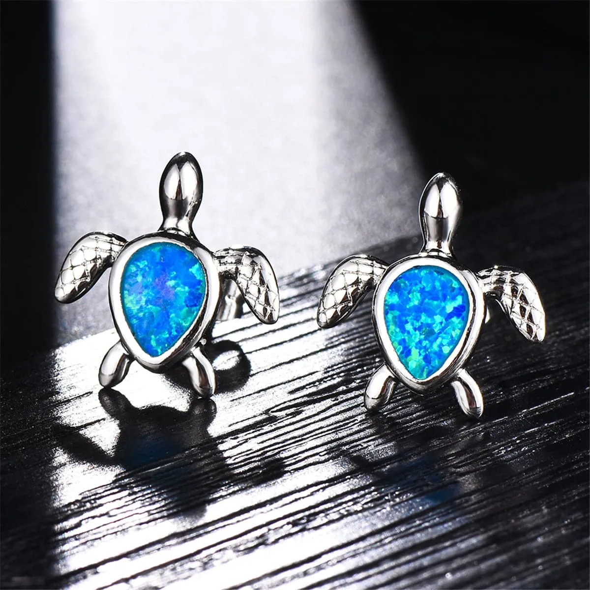 Blue Opal & Silver-Plated Turtle Stud Earrings