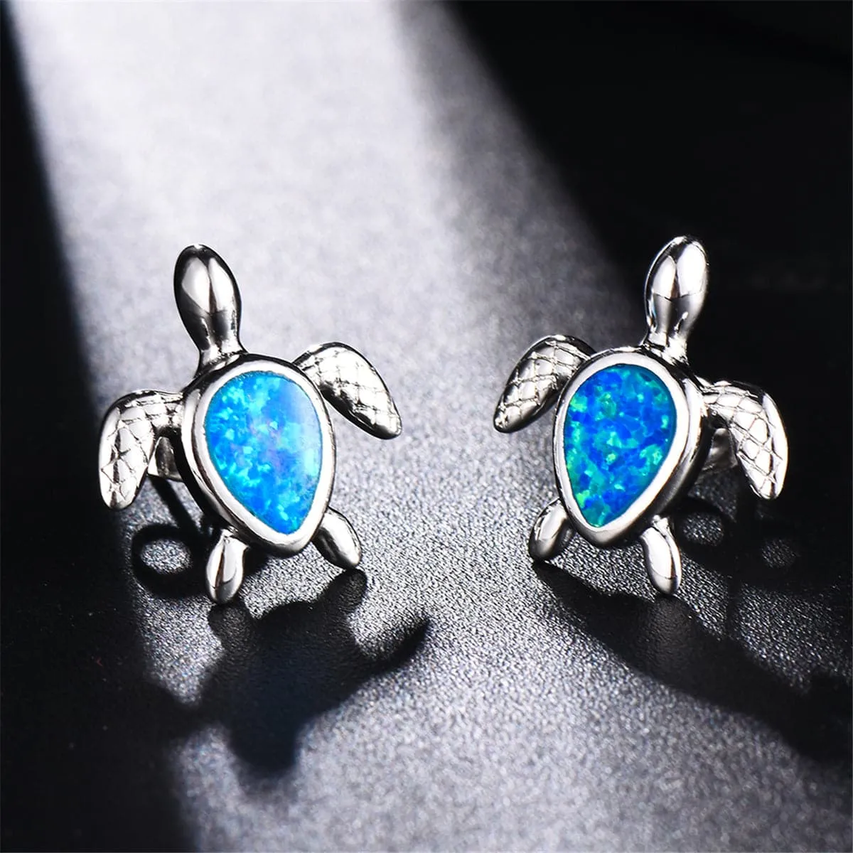 Blue Opal & Silver-Plated Turtle Stud Earrings