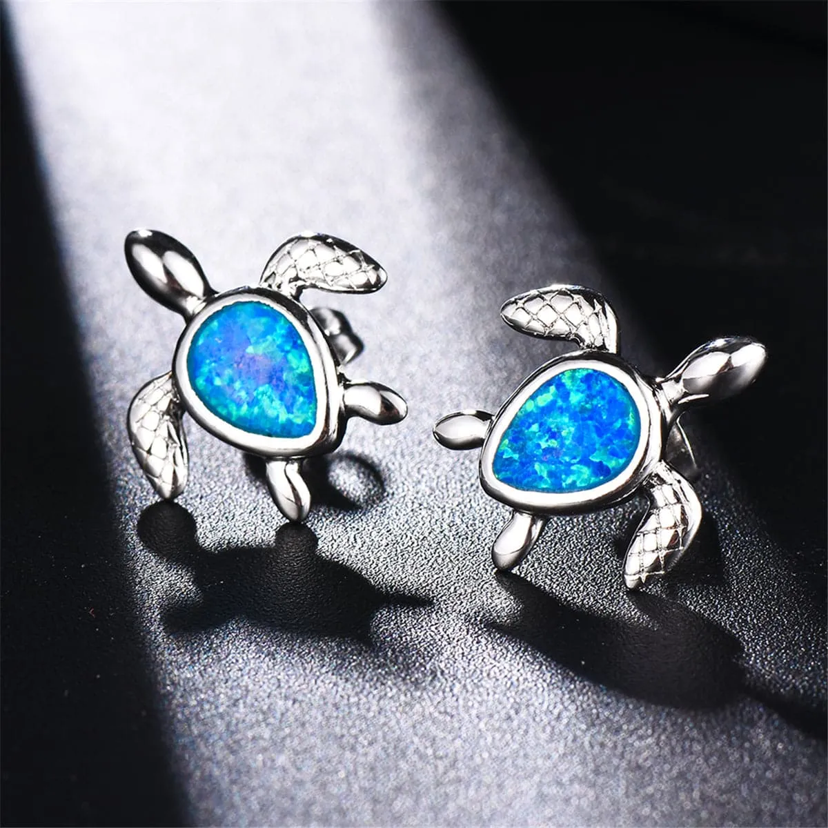 Blue Opal & Silver-Plated Turtle Stud Earrings