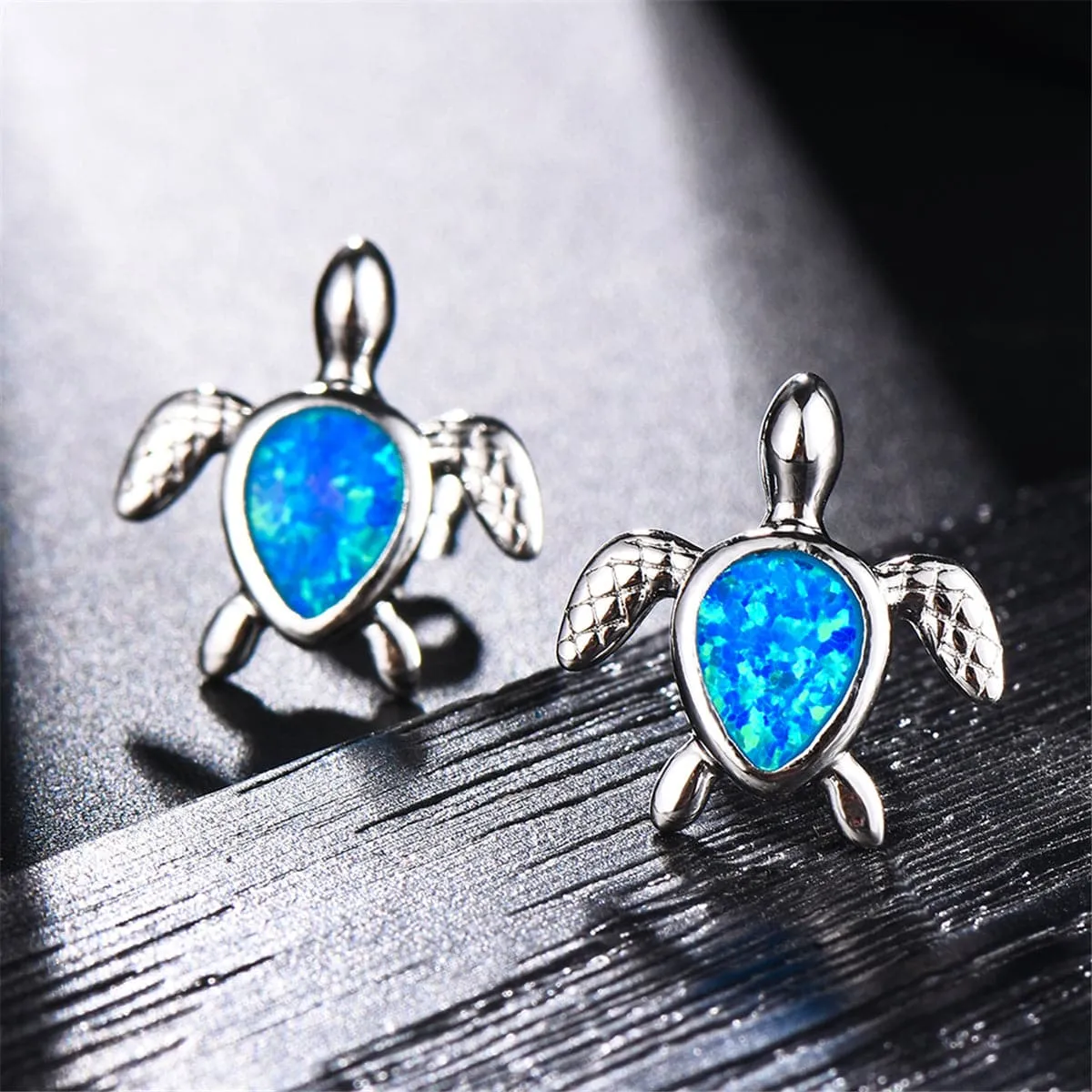 Blue Opal & Silver-Plated Turtle Stud Earrings