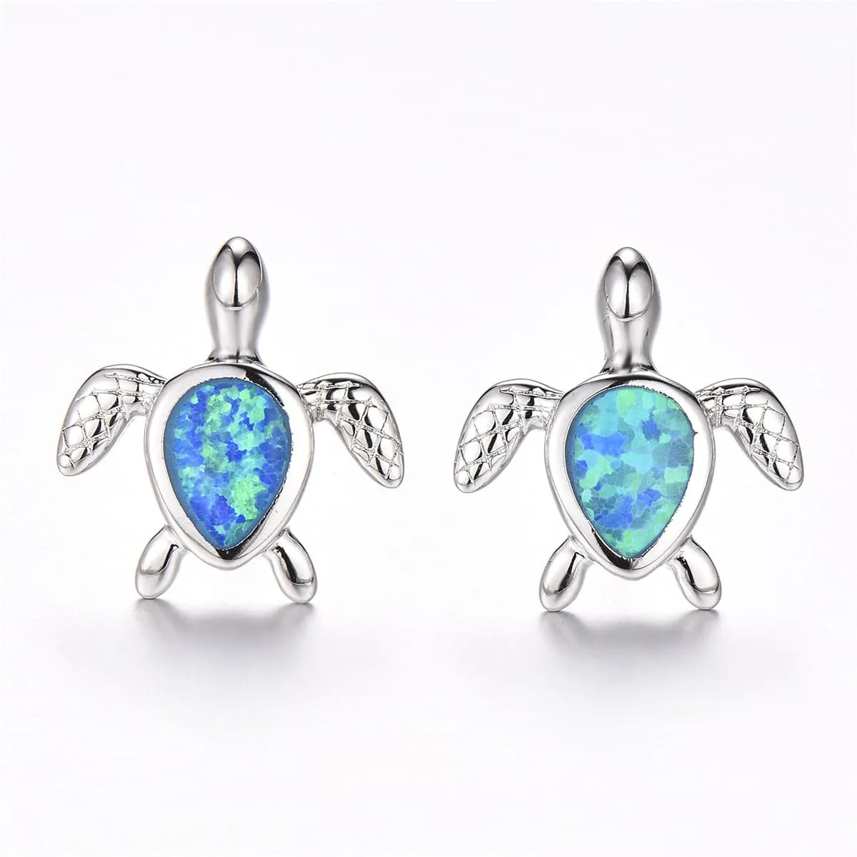 Blue Opal & Silver-Plated Turtle Stud Earrings