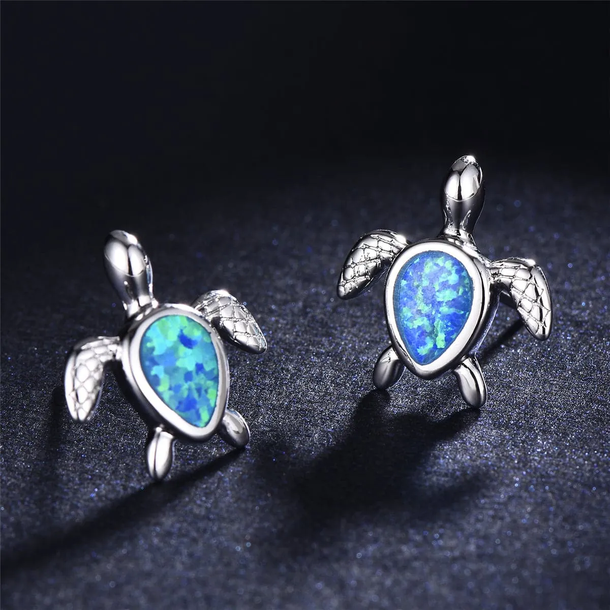 Blue Opal & Silver-Plated Turtle Stud Earrings