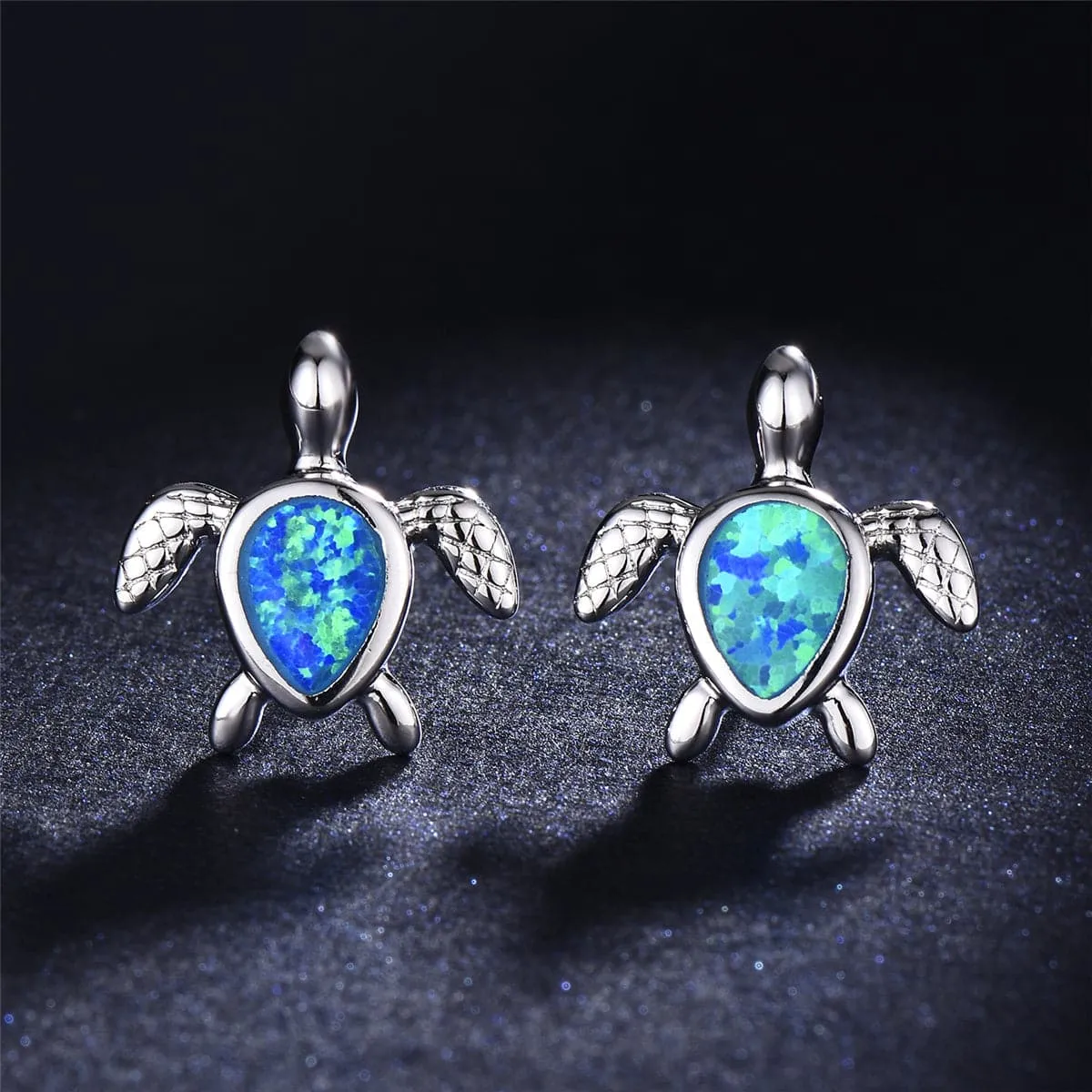 Blue Opal & Silver-Plated Turtle Stud Earrings