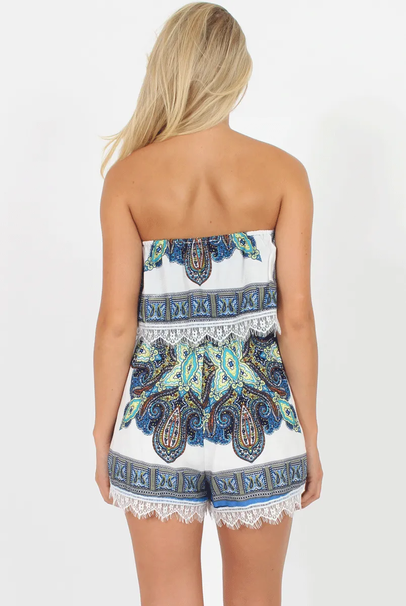 Blue Paisley Print Lace Trim Bandeau Playsuit - Minnie