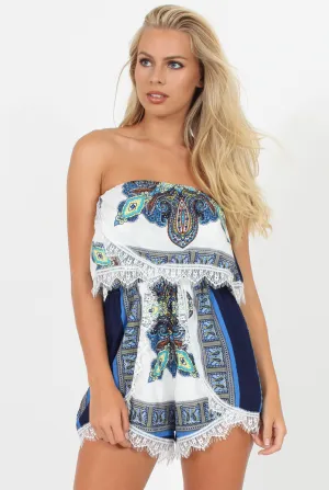 Blue Paisley Print Lace Trim Bandeau Playsuit - Minnie