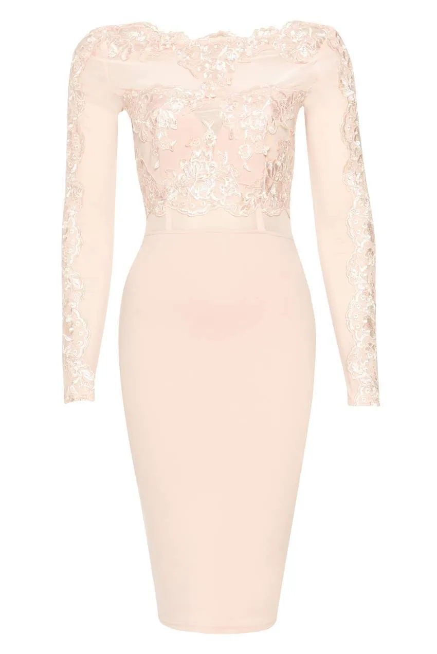 Blush Lace Detail Long Sleeved Bodycon Dress