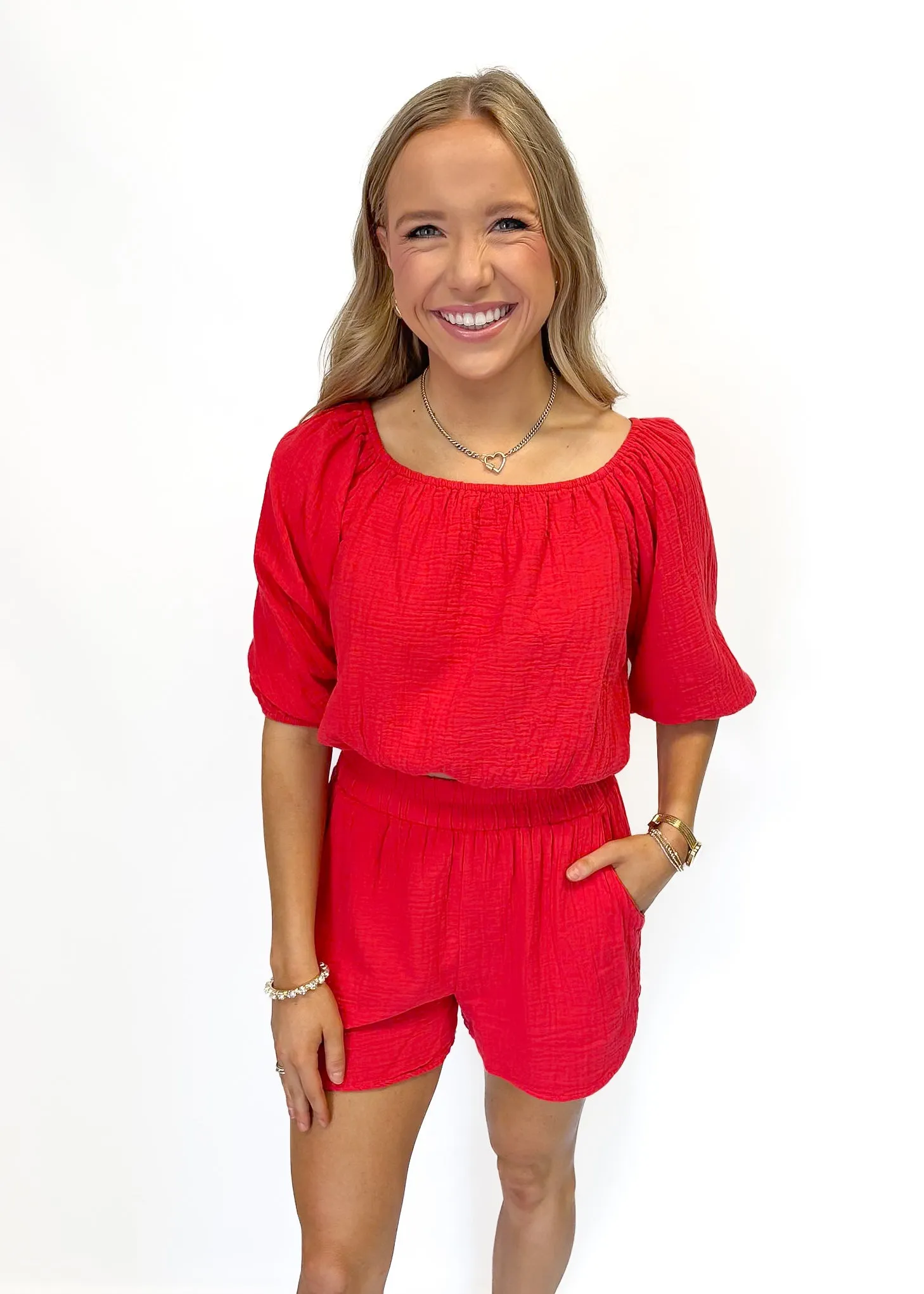 Bobi Boatneck Shirred 3/4 Sleeve Top - Barn