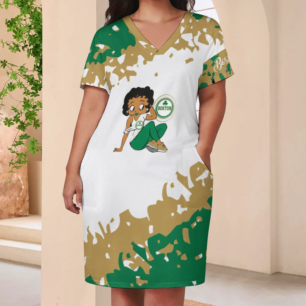 Boston Charm Women's V-neck Loose Dress with Pockets - White