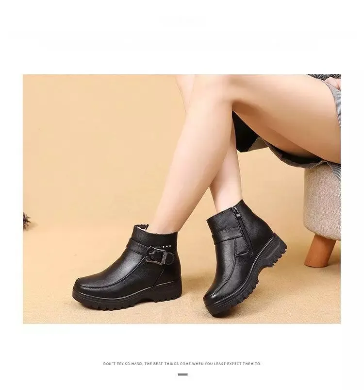 Boutique Fashion Boots Women's Winter PU Vegan Leather Ankle Boots Thick Plush Warm Snow Boots