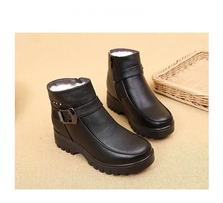 Boutique Fashion Boots Women's Winter PU Vegan Leather Ankle Boots Thick Plush Warm Snow Boots