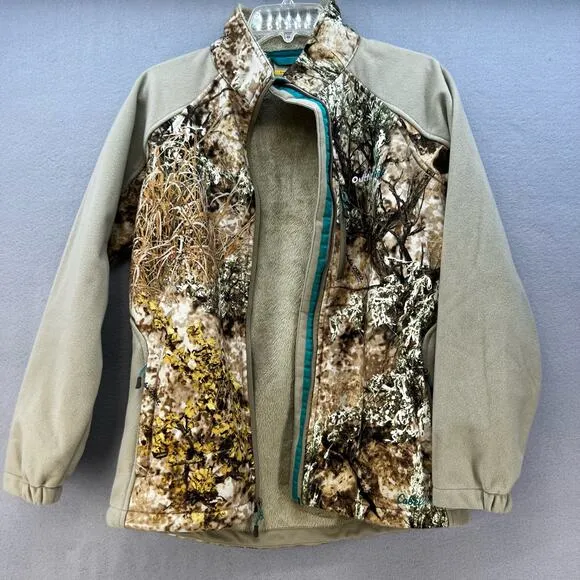 Cabela's Outfither Jacket Women's Small Brown Woodland Camo Softshell Hunting