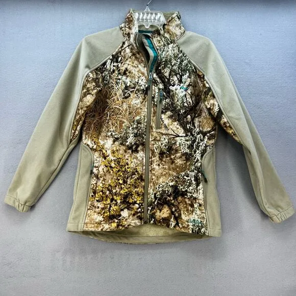 Cabela's Outfither Jacket Women's Small Brown Woodland Camo Softshell Hunting