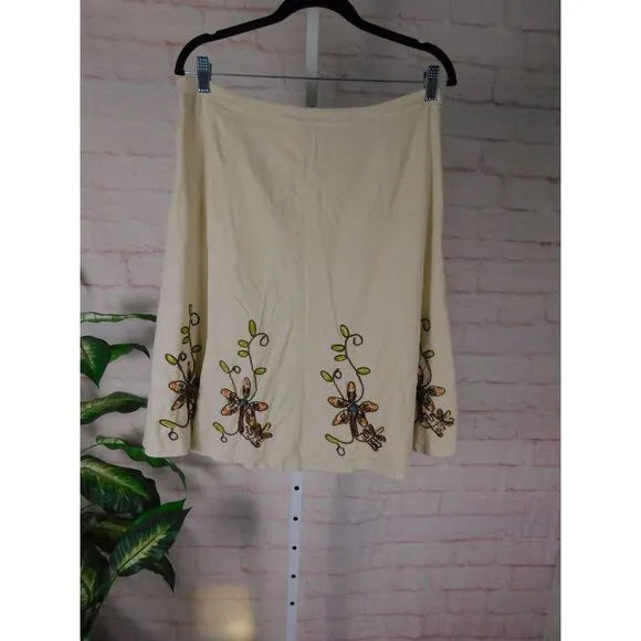 Carole Little Boho Linen Blend Beaded Floral A Line Skirt Size 8