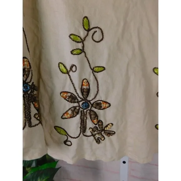 Carole Little Boho Linen Blend Beaded Floral A Line Skirt Size 8
