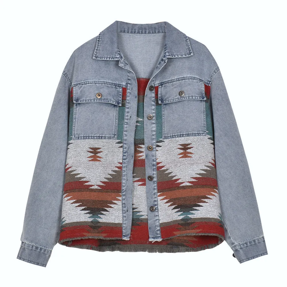 Casual Pile Collar Painting Tassel Denim Jacket Outerwear Cardigans