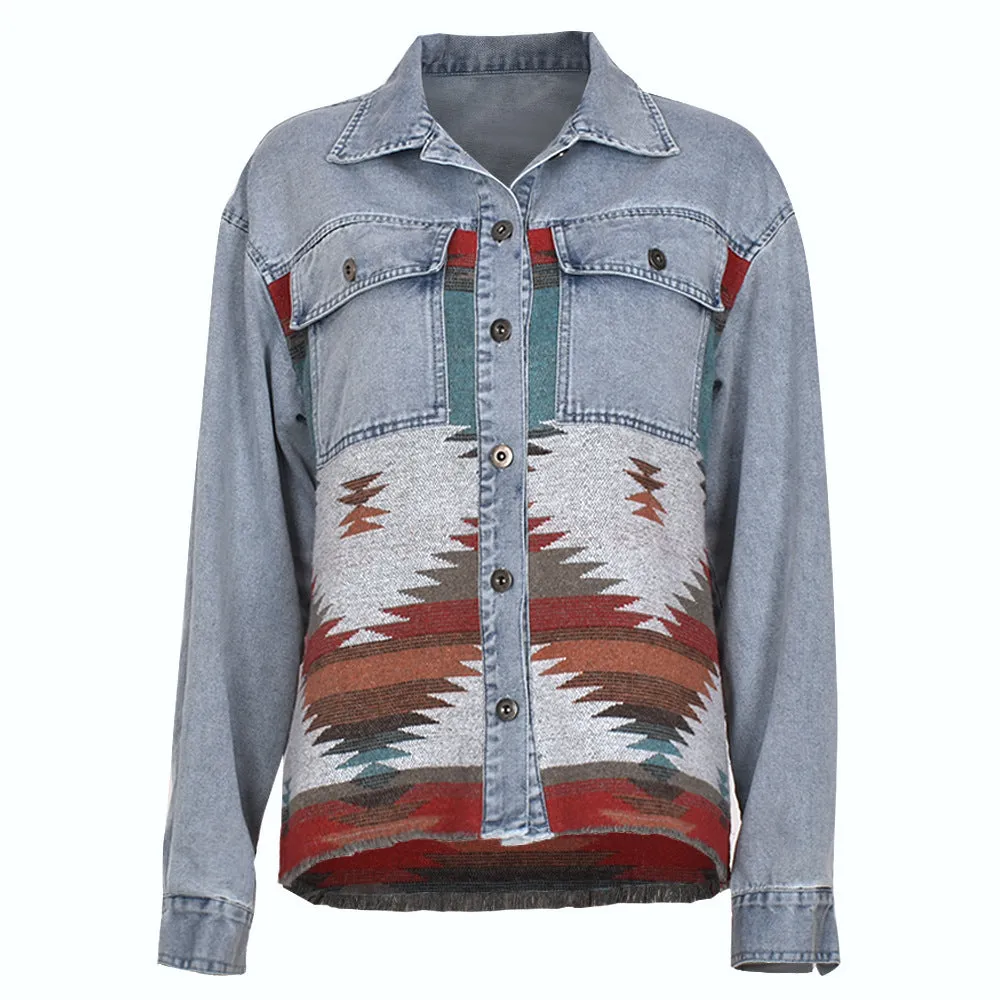 Casual Pile Collar Painting Tassel Denim Jacket Outerwear Cardigans