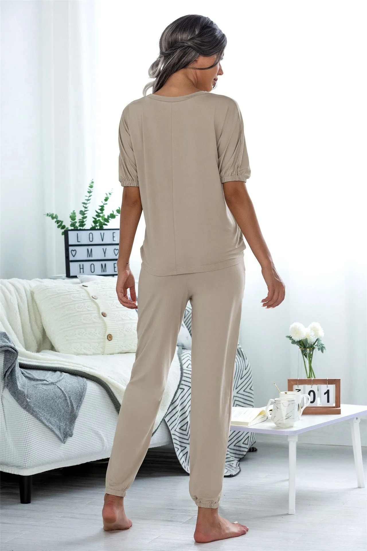 Casual Puff Bubble Sleeves Lace-up Loungewear Two-piece Set