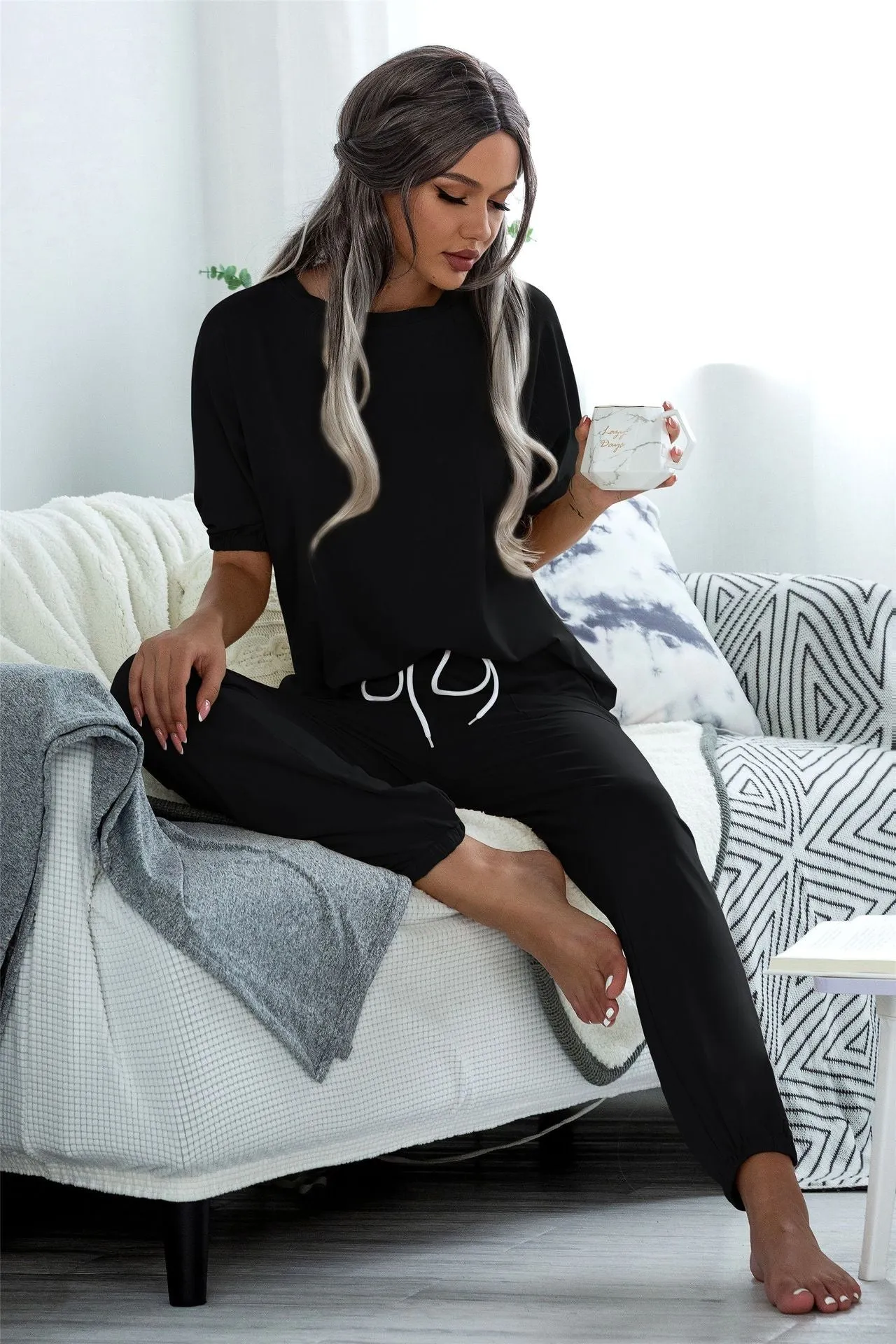 Casual Puff Bubble Sleeves Lace-up Loungewear Two-piece Set