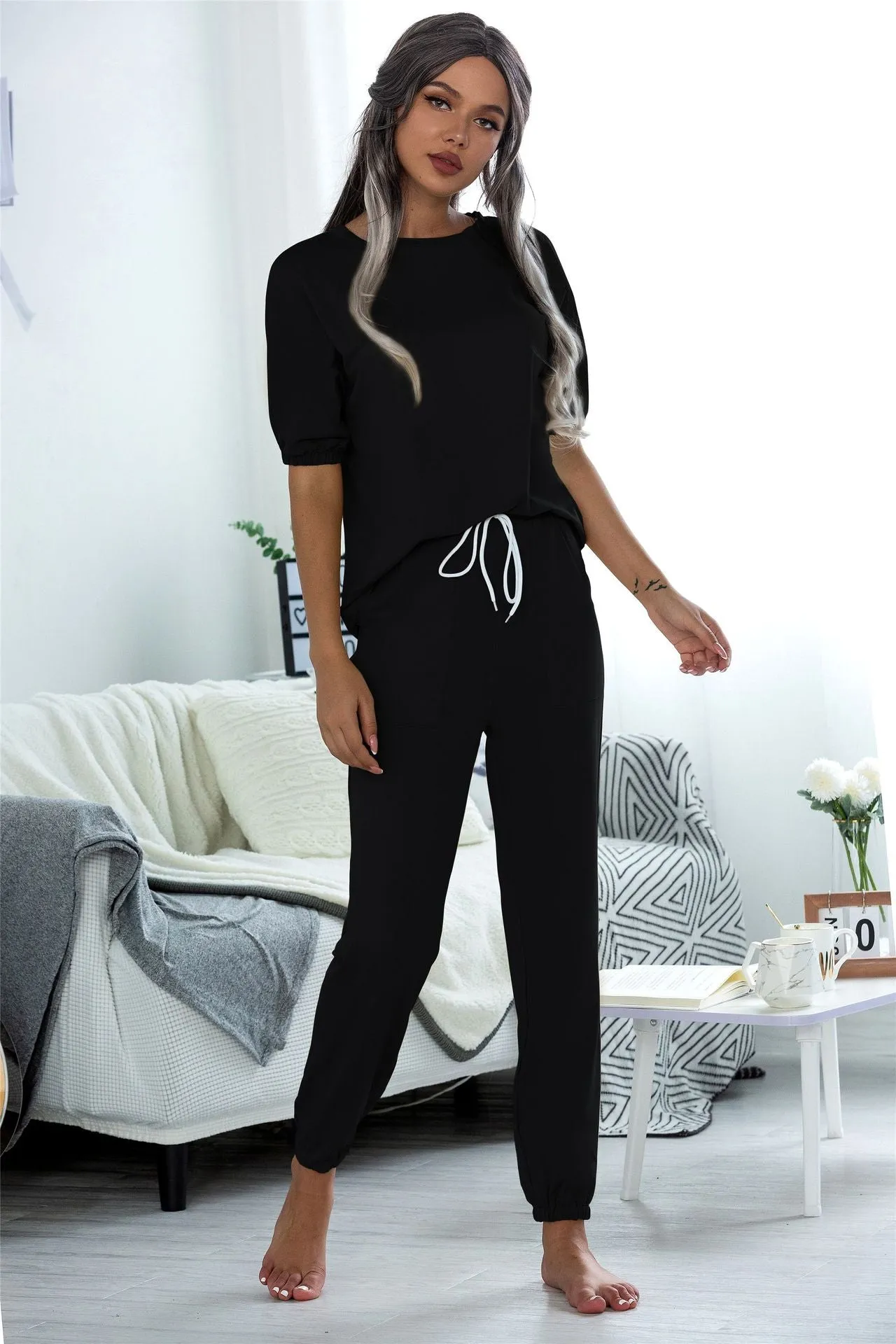 Casual Puff Bubble Sleeves Lace-up Loungewear Two-piece Set