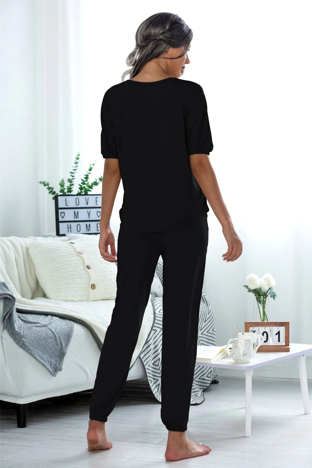 Casual Puff Bubble Sleeves Lace-up Loungewear Two-piece Set
