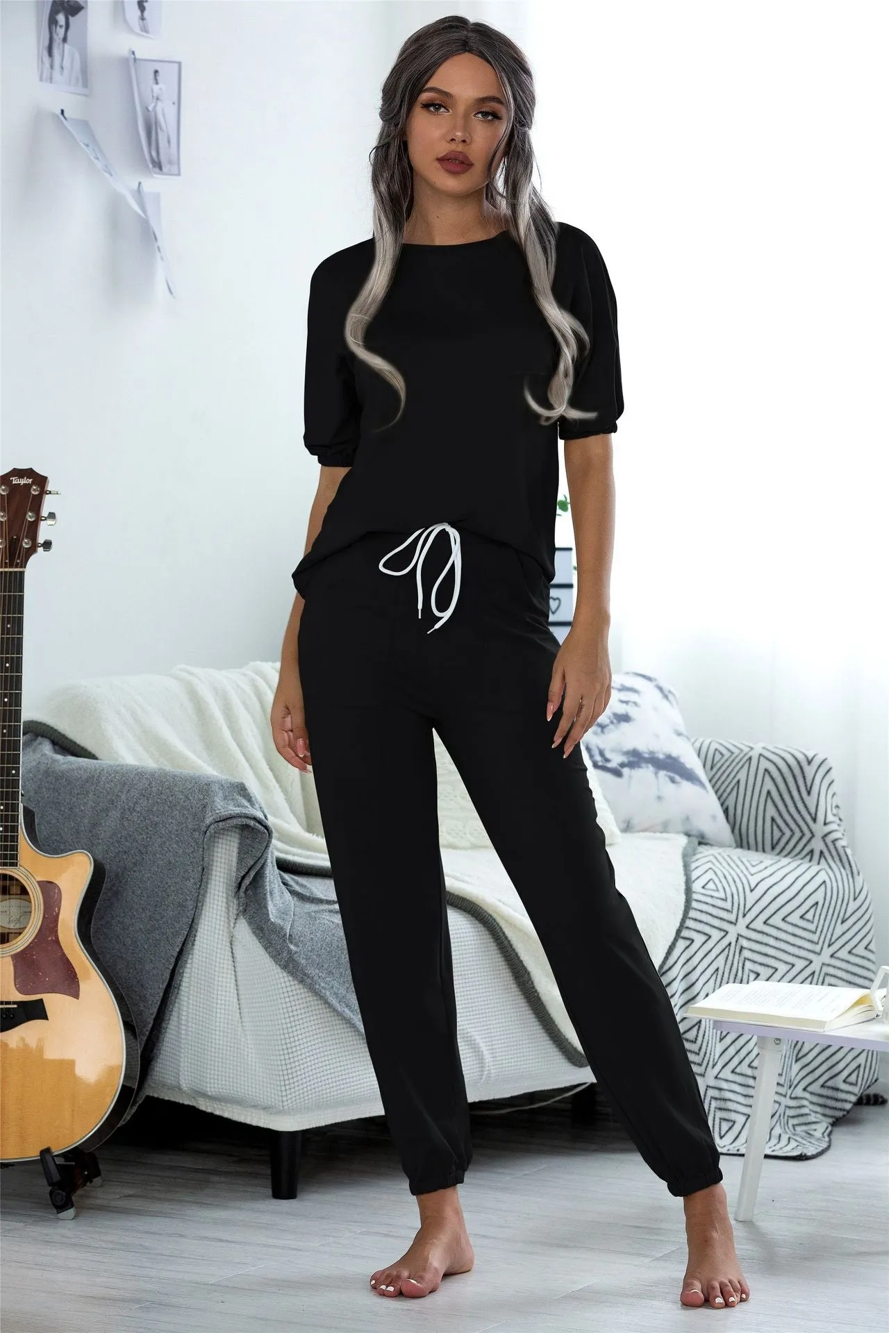 Casual Puff Bubble Sleeves Lace-up Loungewear Two-piece Set