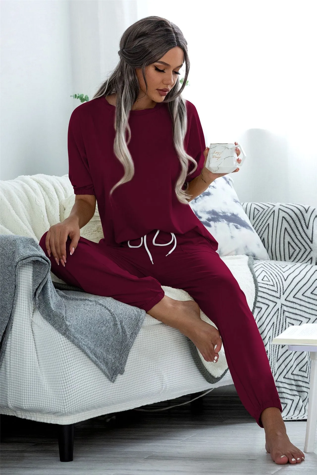 Casual Puff Bubble Sleeves Lace-up Loungewear Two-piece Set