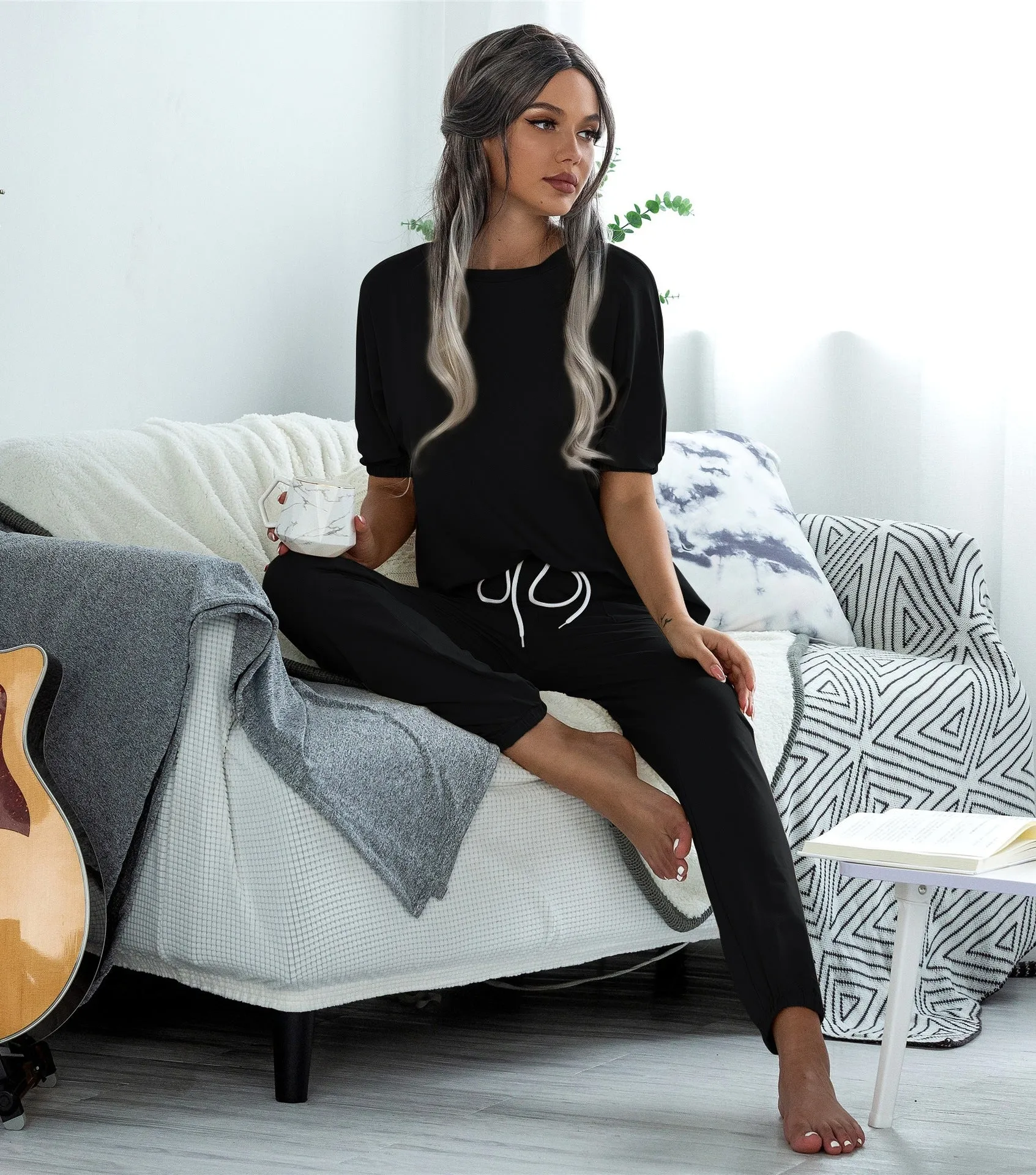 Casual Puff Bubble Sleeves Lace-up Loungewear Two-piece Set