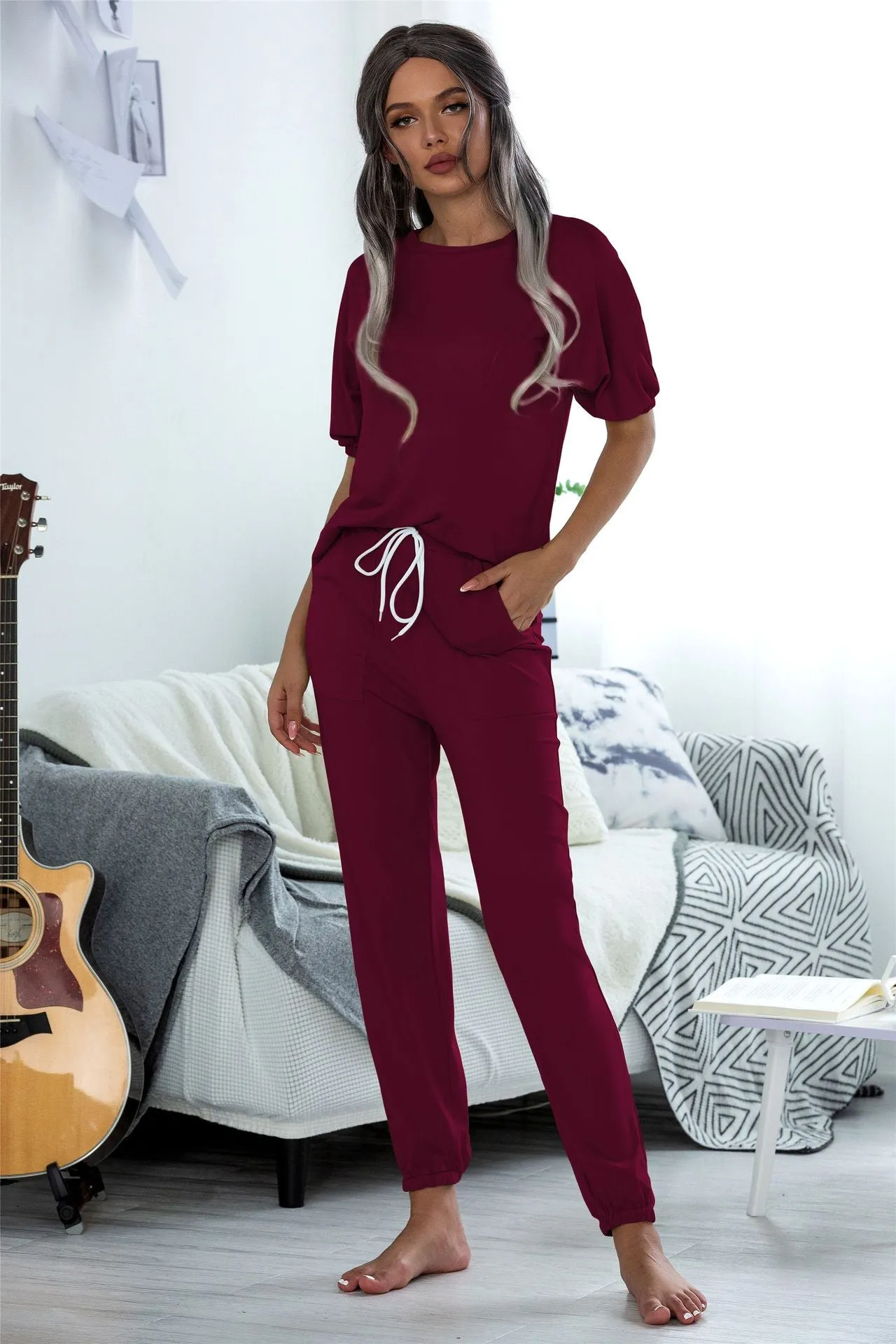 Casual Puff Bubble Sleeves Lace-up Loungewear Two-piece Set