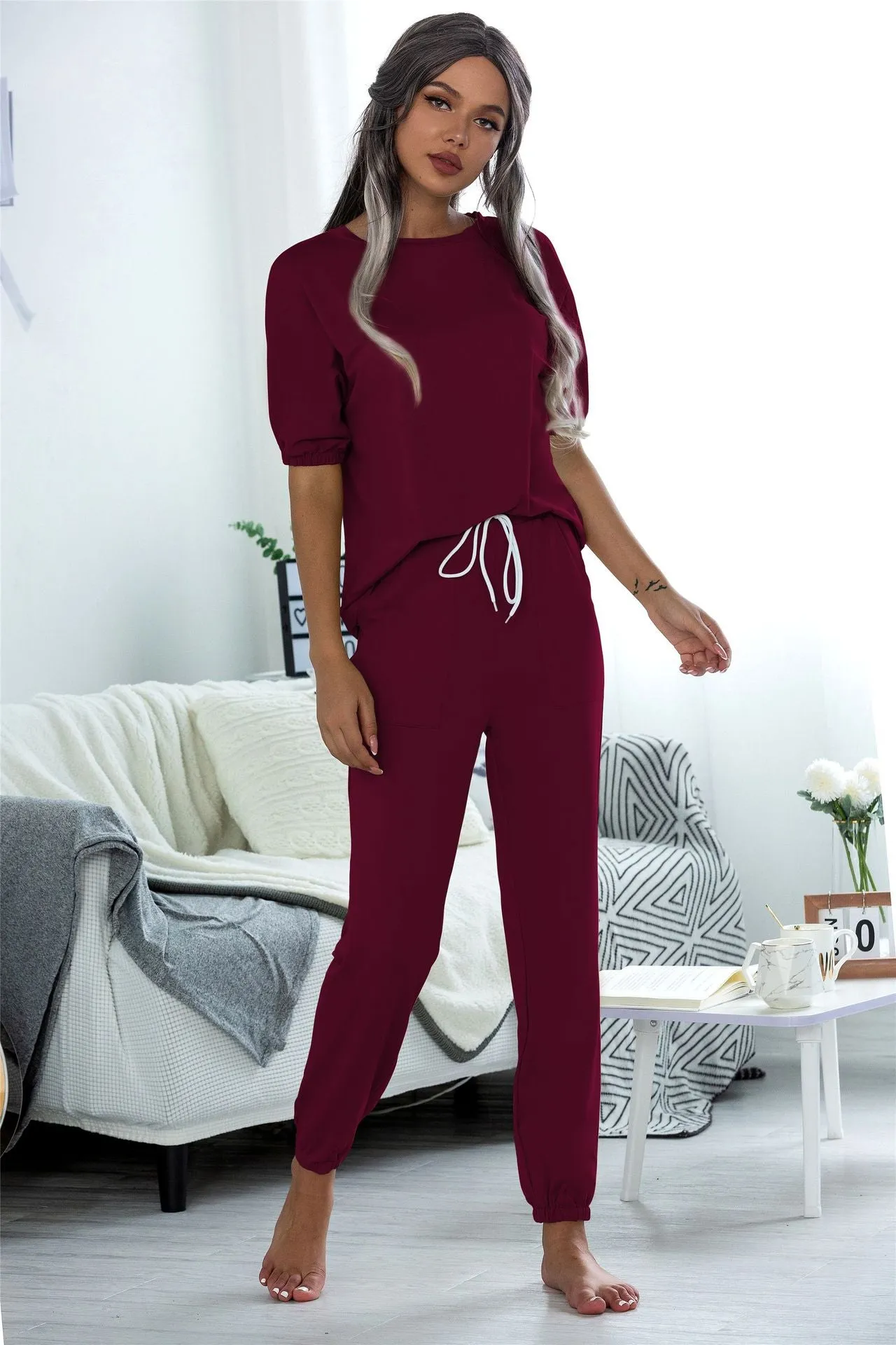 Casual Puff Bubble Sleeves Lace-up Loungewear Two-piece Set