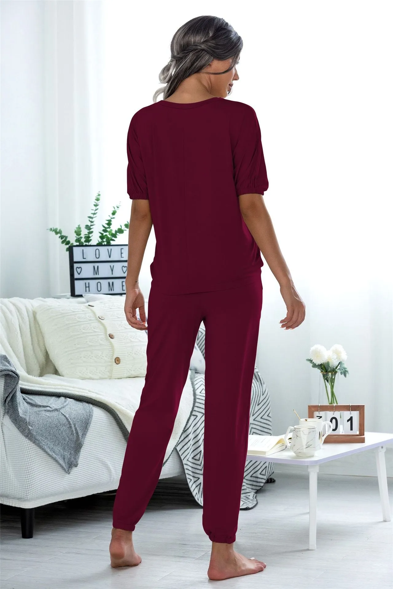 Casual Puff Bubble Sleeves Lace-up Loungewear Two-piece Set