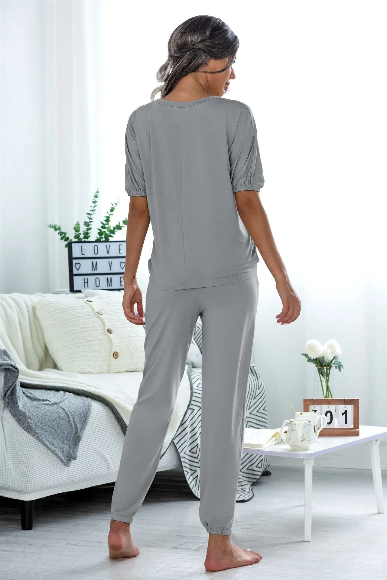 Casual Puff Bubble Sleeves Lace-up Loungewear Two-piece Set