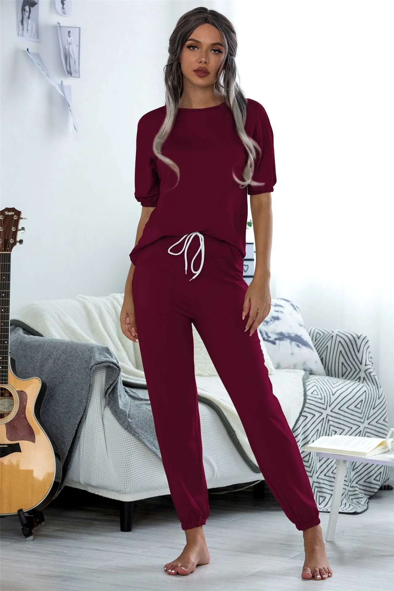 Casual Puff Bubble Sleeves Lace-up Loungewear Two-piece Set