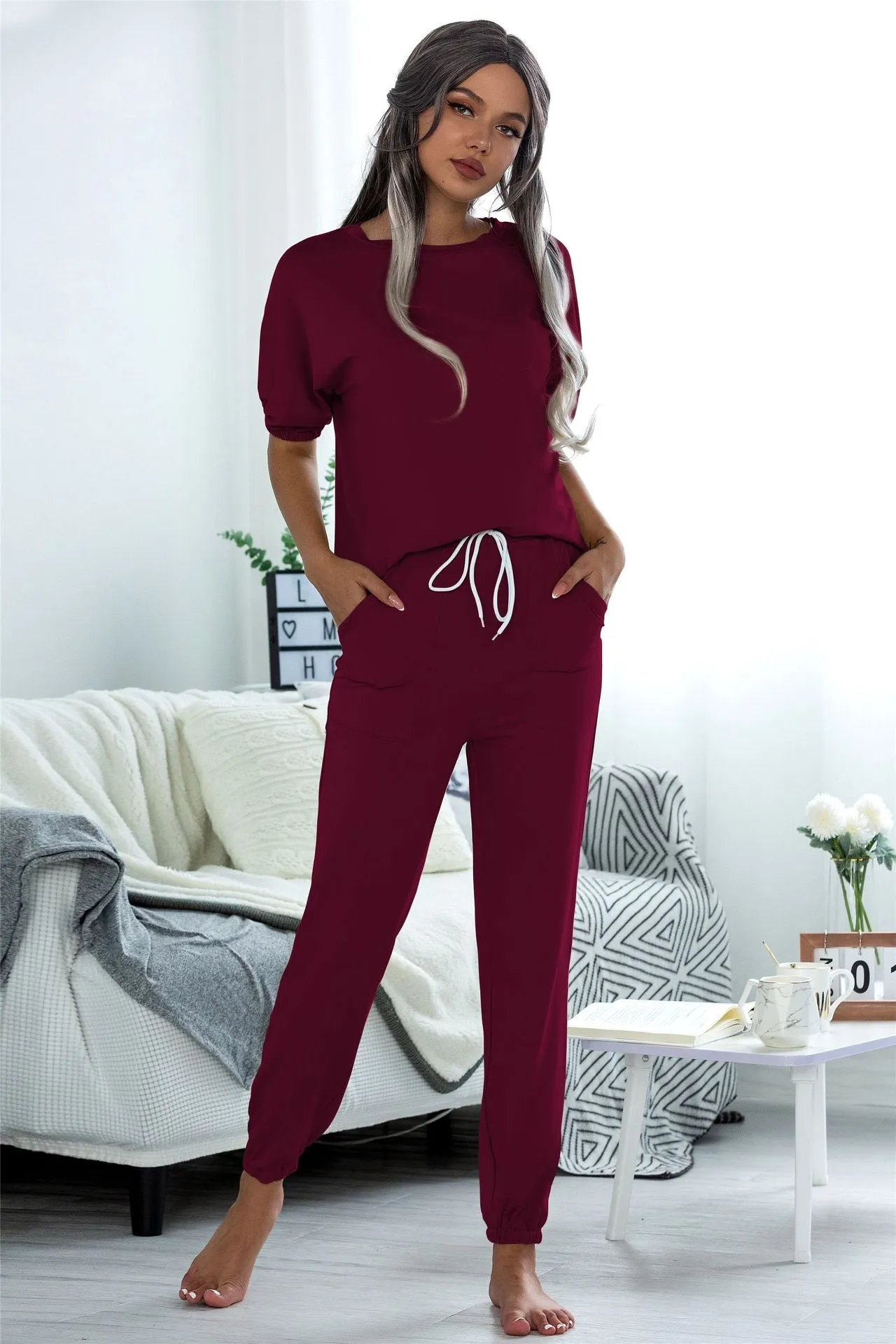 Casual Puff Bubble Sleeves Lace-up Loungewear Two-piece Set