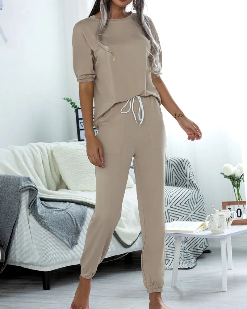 Casual Puff Bubble Sleeves Lace-up Loungewear Two-piece Set