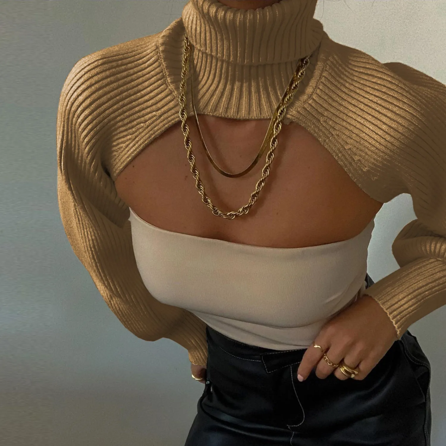 Casual Turtleneck Lantern Sleeve Cutout Cropped Knit Sweater Black