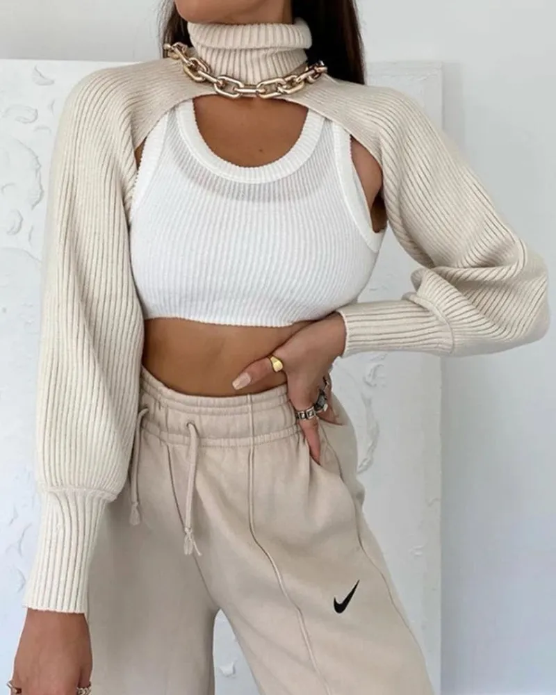 Casual Turtleneck Lantern Sleeve Cutout Cropped Knit Sweater Black